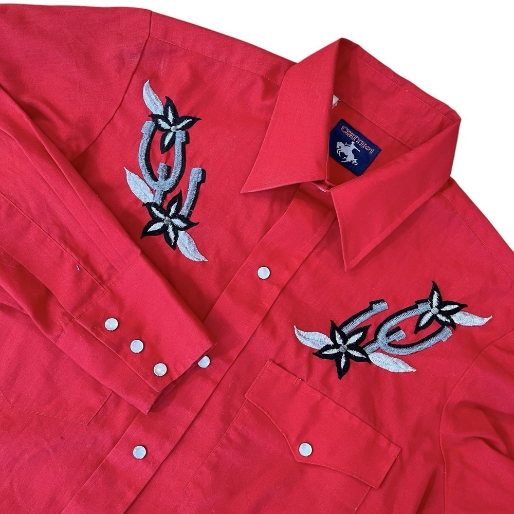 VTG Chute #1 Western Gaucho Shirt Mens S Red Pearl Snap Embroidered NFR Rodeo